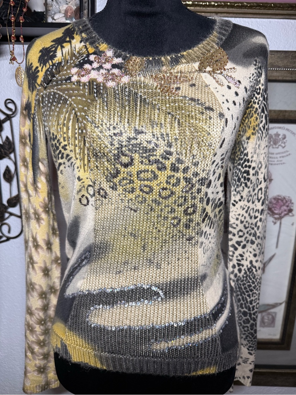 VERTIGO PARIS Silk Blend Embellished Tropical Animal Print Sweater •Size S•